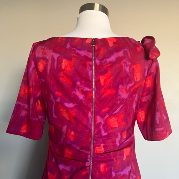 Kay Unger Pink Ruched Bow Neck Cocktail Pencil Abstract Print Sheath Dress - Picture 7 of 12